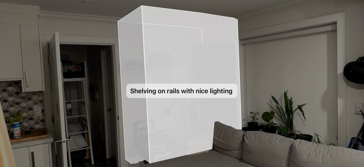 AR view of the same wall with a 3D bounding box drawn in front of it, labeled 'Shelving on rails with nice lighting'.
